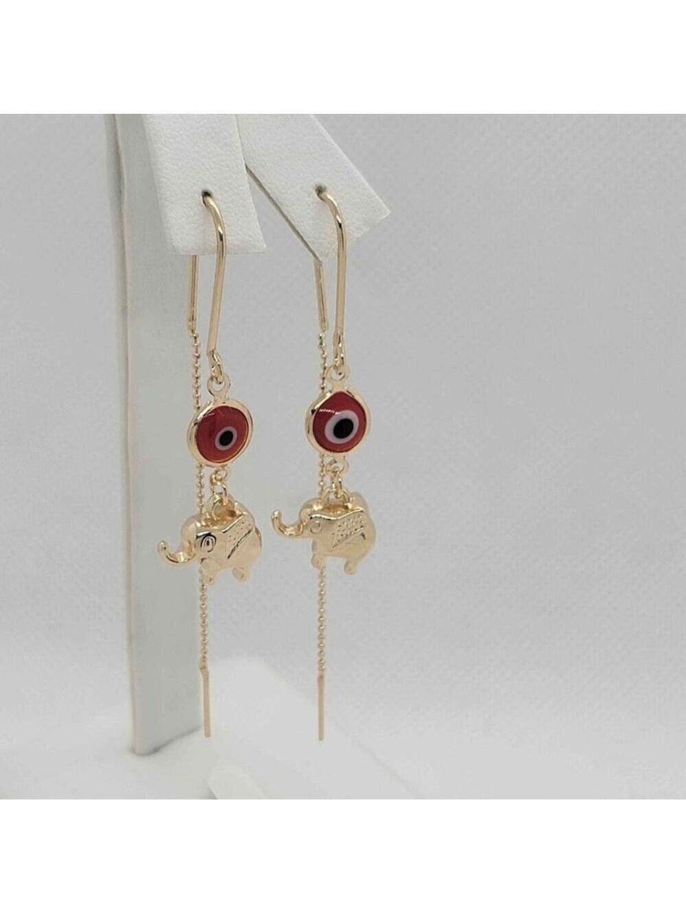 Brand New Brazilian 18k Gold Filled Red Evil Eye W/ Elephants Earrings